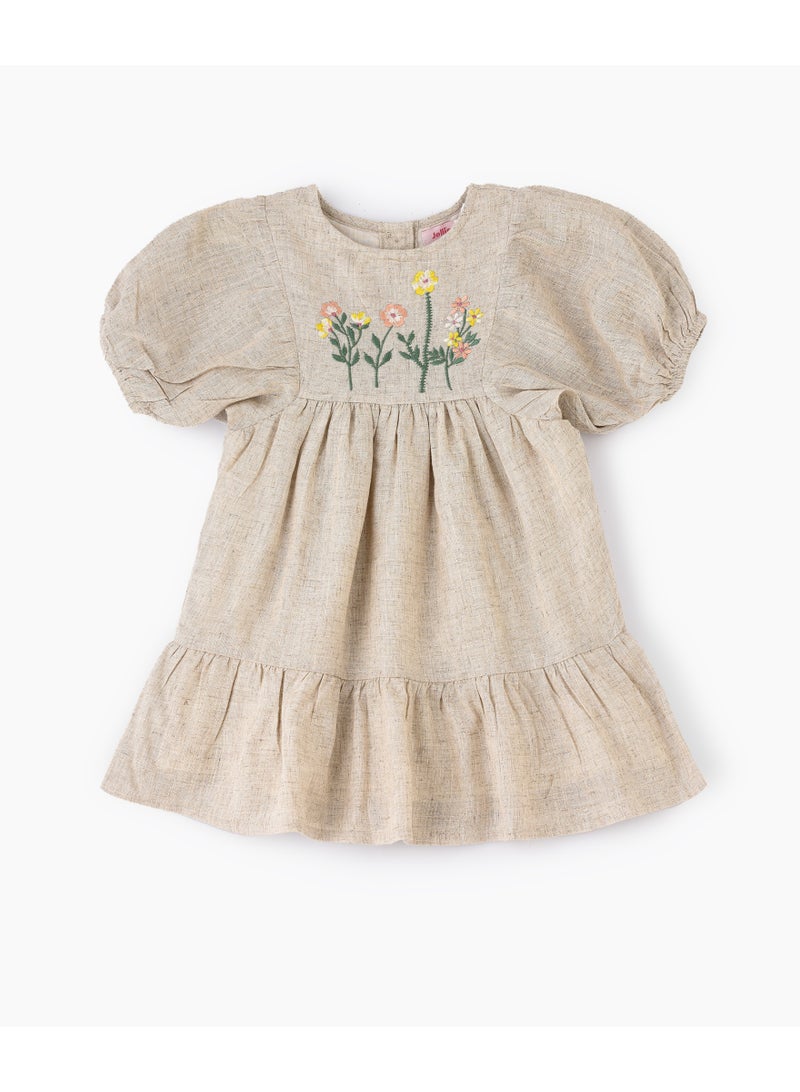 Jelliene Girls Beige Linen Blend Puff Sleeve Embroidered Dress - Image 1